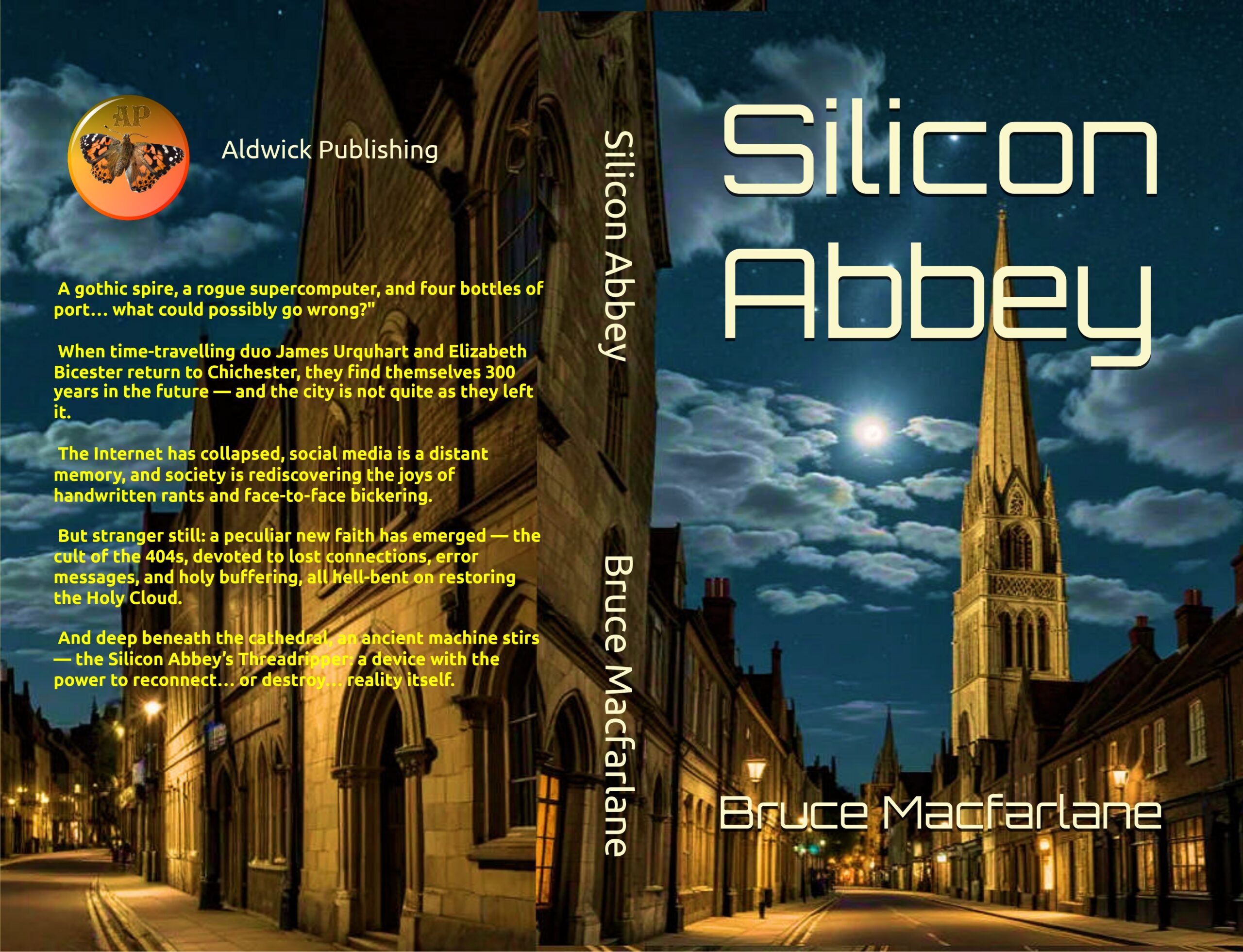 Digital artwork of a cathedral interior glowing with blue light, representing the futuristic Silicon Abbey. From the Time Travel Diaries